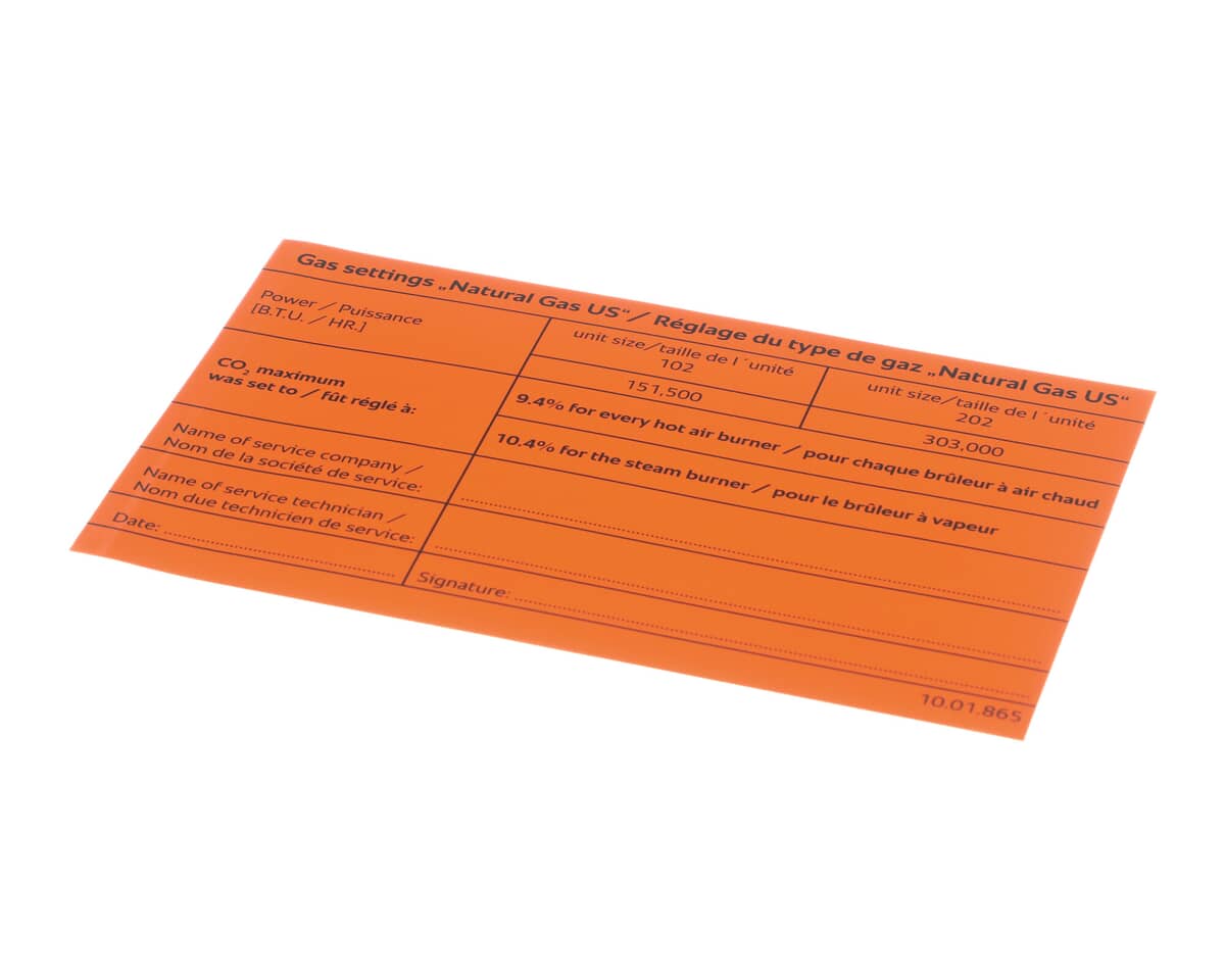 RATIONAL PARTS Rational 10.01.865P Sys Stckr Gas T 102G/202G Nat - SKU RATL10.01.865P