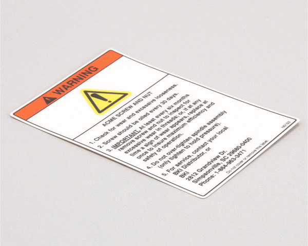 BKI PARTS BKI N0153 Decal Fkm Warning Acme Screw - SKU BKIN0153