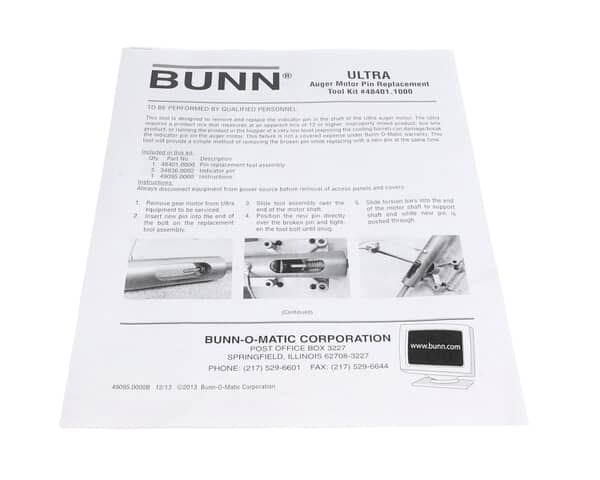 BUNN PARTS Bunn 49095.0000 Instructions Auger Motor Pin Ultra - SKU BU49095.0000