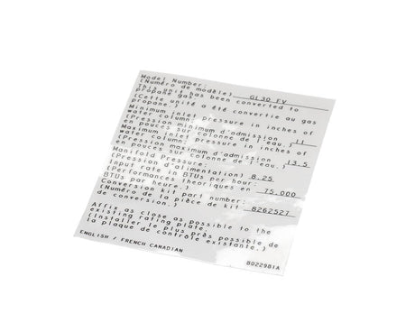 FRYMASTER PARTS Frymaster 8022981 Label Conv Nat To Pro GL30 Fv - SKU FM8022981