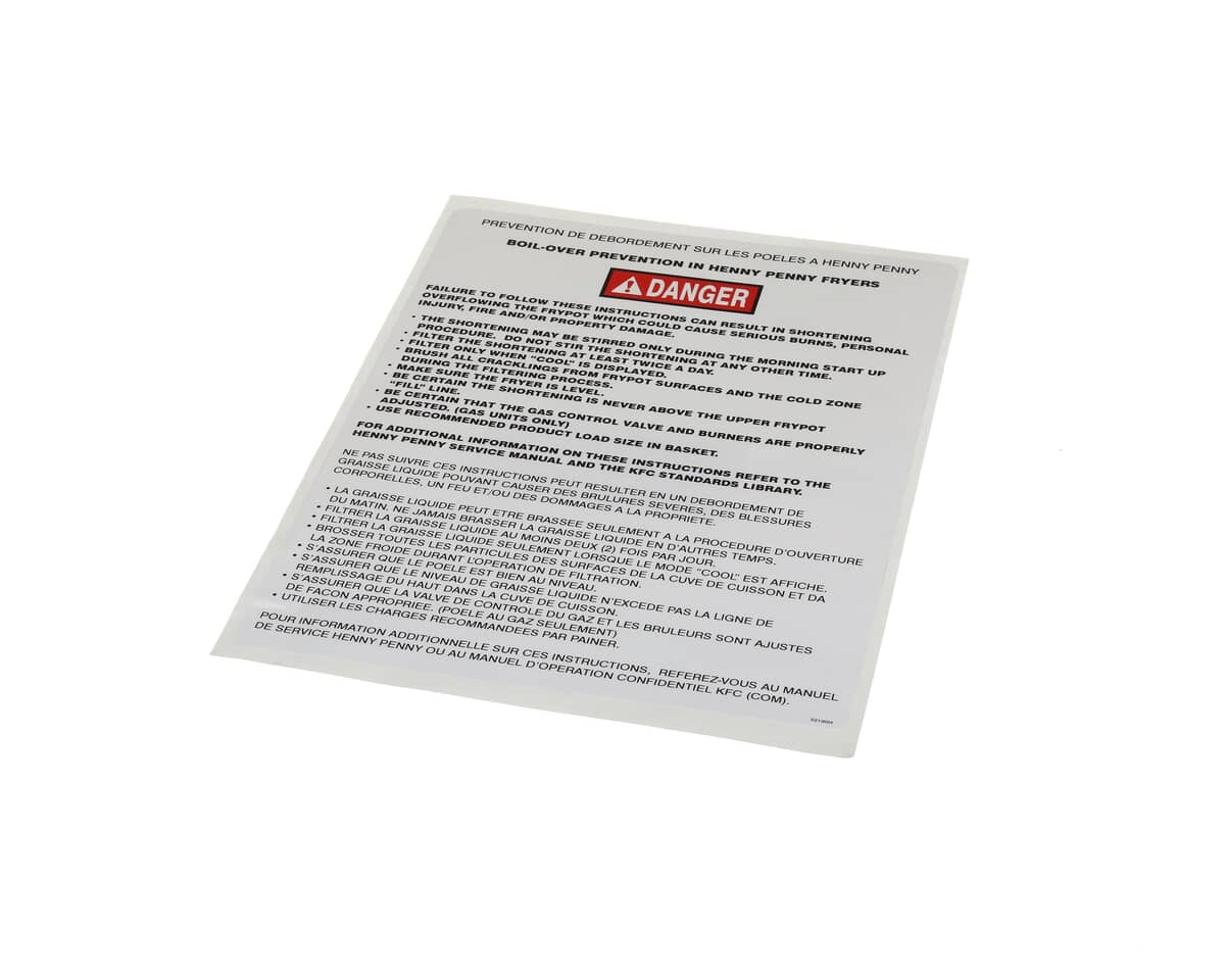 HENNY PENNY PARTS Henny Penny 52190 Label-B/O Prevent Bilingual - SKU HEN52190