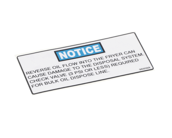 HENNY PENNY PARTS Henny Penny 96958 Label - Notice Check Valve - SKU HEN96958