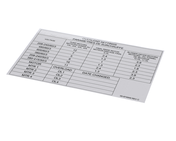 HOBART 00-974949 LABEL  OVERLOAD SETTINGS