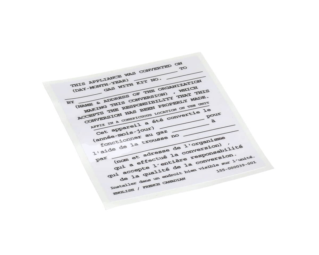 PITCO PARTS Pitco 155-000039-001 Conversion Sticker - SKU PT155-000039-001