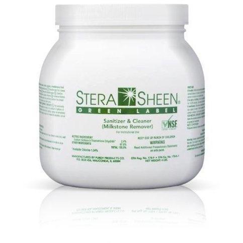 STERA SHEENSTERA-SHEEN-GREEN-LABEL-4-LB-JAR STERA SHEEN GREEN LABEL SANITIZER REMOVES MILKSTONE IN ONLY ONE PROCEDURE WITHOUT THE NEED FOR SEPARATE PROCEDURES TO CLEAN AND DELIME, THUS SAVING LABOR AND COST. THIS CLEANSER SURFACTANT IS NON-CORROSIVE AND WILL NOT STAIN OR DAMAGE METAL, PLASTIC, GLASS OR RUBBER. NSF - LISTED D2 SANITIZER NOT REQUIRING RINSE.
 NOTE: CERTAIN CHEMICALS MAY BE SUBJECT TO ADDED HAZMAT SHIPPING CHARGES IMPOSED BY THE CARRIER.